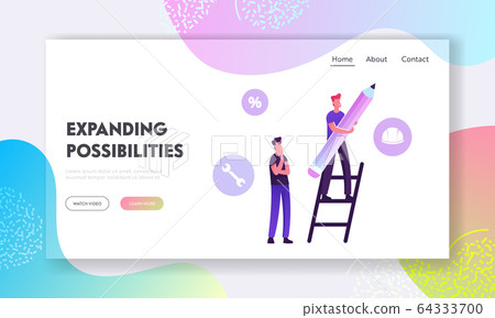 User Manual Tutorial Website Landing Page. Man Stand on Ladder with Huge Pencil and Customer Support Icons 64333700