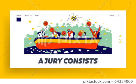 Judges Committee Work Landing Page Template. Competition Jury Characters Hold Tablets with Estimates Voting 64334060