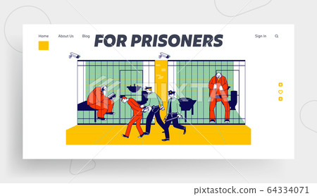 Prisoners in Prison Jail and Policemen Website Landing Page. People in Orange Jumpsuits in Cell. Arrested Convict Men Prisoners in Prison Jail and Policemen Website Landing Page. People in Orange Jumpsuits in Cell. Arrested Convict Men 64334071