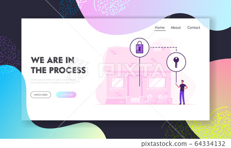 Internet of Things, Iot Secure System Website Landing Page. Man Using Smartphone for Control Smart Home Devices Internet of Things, Iot Secure System Website Landing Page. Man Using Smartphone for Control Smart Home Devices 64334132