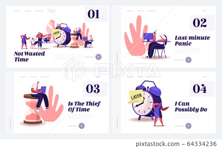Procrastination, Postponing Work Website Landing Page Set. Lazy Businesspeople Spend Unprofitable Time in Office 64334236