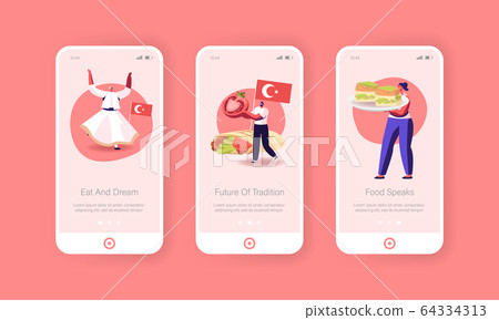 Traditional Turkish Cuisine Mobile App Page Onboard Screen Template. Tiny People Characters in National Costumes 64334313