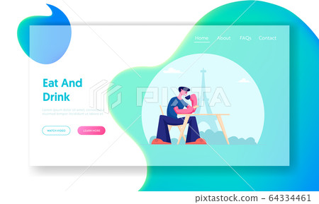Young Man Sitting at Table Having Meal in Paris Restaurant or Cafe Website Landing Page Tourist Drinking Coffee Young Man Sitting at Table Having Meal in Paris Restaurant or Cafe Website Landing Page Tourist Drinking Coffee 64334461