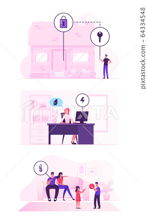 Smart House Technology System Concept. People Using App for Centralized Control of Heating, Security, Electric Power Smart House Technology System Concept. People Using App for Centralized Control of Heating, Security, Electric Power 64334548