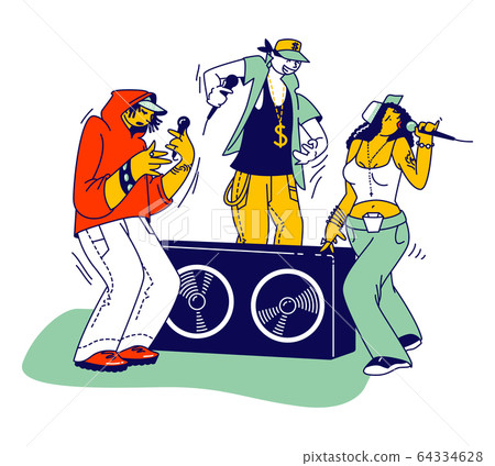 Music Band of Male and Female Multiracial Characters Stand around of Audio Dynamics with Microphones and Singing 64334628