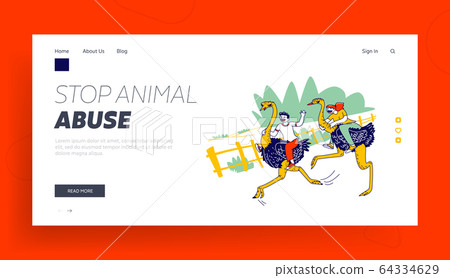 Characters Riding on Ostriches on Farm Zoo Landing Page Template. People Tourists Spend Holidays in Thailand 64334629