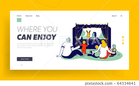 Happy Family of Parents and Kids Watching Puppet Show Website Landing Page. Artist with Toys Performing Entertainment 64334641