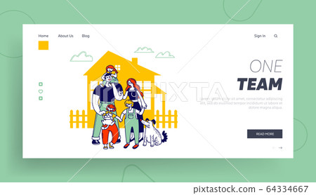 Child Adoption Website Landing Page. Big Happy Family Parents, Kids and Dog Stand at House Front Yard at Summer 64334667