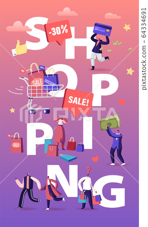 Buyers Have Shopping Fun Concept. Seasonal Sale with Discount Coupons. Cheerful Shopaholic People with Trolley 64334691