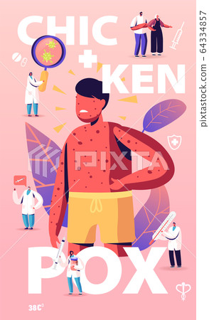 Chicken Pox Varicella Concept. Tiny Doctors Characters near Huge Boy with Red Pimples on Body. People Vaccination 64334857