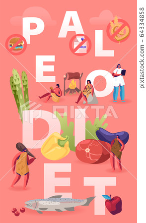 Paleo Diet Healthy Eating Concept. Cave People and Doctor Nutritionist Walking around of Products Seafood Meat 64334858