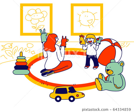 Young Woman Sitting on Floor Playing Puppet Show with Little Toddler Put Toys on Hands. Babysitter Service Young Woman Sitting on Floor Playing Puppet Show with Little Toddler Put Toys on Hands. Babysitter Service 64334859
