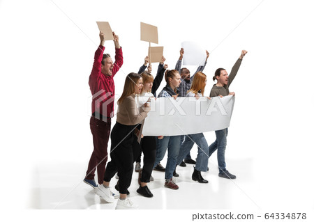 Emotional multicultural group of people screaming while holding blank placards on white Emotional multicultural group of people screaming while holding blank placards on white 64334878