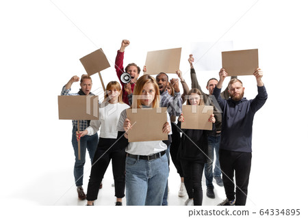 Emotional multicultural group of people screaming while holding blank placards on white 64334895