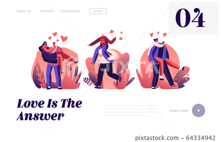 Happy Loving Couples Outdoors Sparetime Website Landing Page. Cheerful Men Holding Women on Hands and Riding on Back 64334942