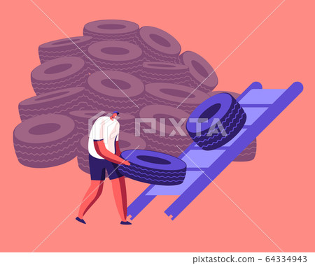 Process of Recycling and Reusing Old Tires. Male Character Take Put Car Wheel from Huge Heap and Put on Conveyor Belt 64334943