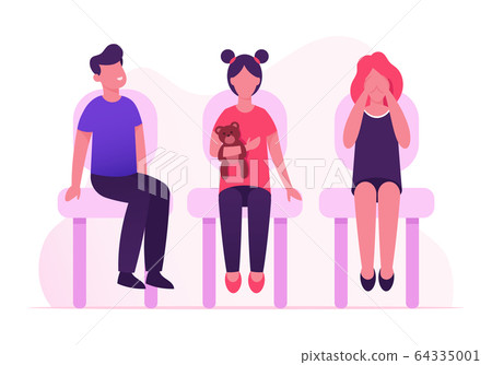 Group of Little Children Sitting on Chairs Waiting Medical Checkup or Vaccination in Hospital. Scared Girl Close Eyes Group of Little Children Sitting on Chairs Waiting Medical Checkup or Vaccination in Hospital. Scared Girl Close Eyes 64335001