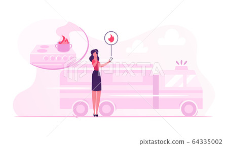 Woman Getting Notification from Smart Control System at Electronic Device Smartphone about Fire Accident 64335002