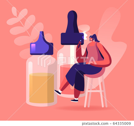 Young Woman Sitting at High Stool near Huge Bottles with Liquids for Electronics Cigarettes Enjoying Vape Smoking 64335009