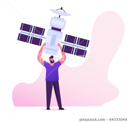 Digital Cable Communication Network Concept. Man Holding Satellite in Hands above Head. Wireless Mobile Connection Digital Cable Communication Network Concept. Man Holding Satellite in Hands above Head. Wireless Mobile Connection 64335049