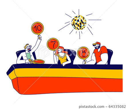 Group of Professional Competition Jury Characters Hold Tablets with Estimates Voting for Competitor on Talent Show 64335082