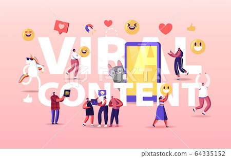 Viral Content Concept. Tiny Characters at Huge Mobile with Funny Unicorn and Cat. Social Media Blogging 64335152