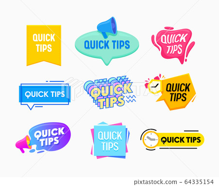 Quick Tips Helpful Tricks Emblems and Banners Set Speech Bubbles with Megaphone, Alarm Clock 64335154