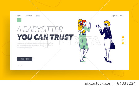 Private Kindergarten Service for Busy Parents Website Landing Page. Young Woman Mother Leaving her Baby to Babysitter 64335224