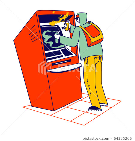 Male Character Wearing Hoodie Spraying Paint from Aerosol Bottle Damage Atm Machine on Street Male Character Wearing Hoodie Spraying Paint from Aerosol Bottle Damage Atm Machine on Street 64335266