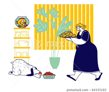 Senior Woman Carry Tray with Pile of Fresh Pies. Grandmother Hospitality and Fat Food Concept. Fatty Dog Eating on Floor Senior Woman Carry Tray with Pile of Fresh Pies. Grandmother Hospitality and Fat Food Concept. Fatty Dog Eating on Floor 64335283