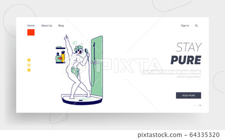 Person Take Washing Procedure at Home or Hotel Bathroom Landing Page Template. Man Lathering Body and Singing Song Person Take Washing Procedure at Home or Hotel Bathroom Landing Page Template. Man Lathering Body and Singing Song 64335320
