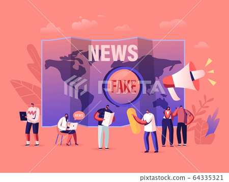 Fake News and Gossips. Tiny People Reading Newspapers and Social Media Information in Internet on World Map 64335321
