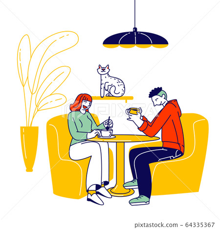 Young People Visiting Cat Cafe, Hospitality Concept. Male Female Characters Sit at Tables Drinking Beverages Young People Visiting Cat Cafe, Hospitality Concept. Male Female Characters Sit at Tables Drinking Beverages 64335367