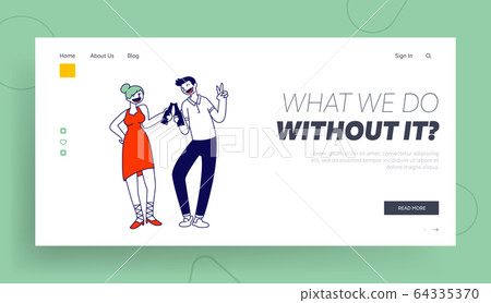 Nightlife Relaxation, Friends Meeting Website Landing Page. Young Woman and Man Clinking Bottles with Alcohol Drink Nightlife Relaxation, Friends Meeting Website Landing Page. Young Woman and Man Clinking Bottles with Alcohol Drink 64335370