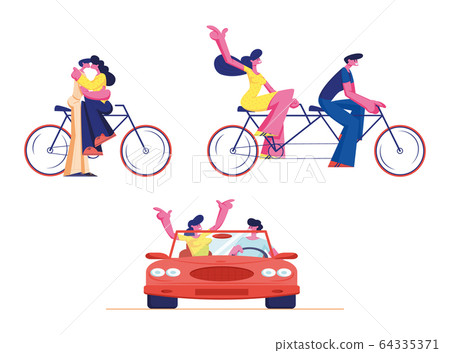 Set Young Loving Couple Ride Tandem Bicycle and Car. Summer Time Vacation Sparetime, Leisure, Romantic Voyage Set Young Loving Couple Ride Tandem Bicycle and Car. Summer Time Vacation Sparetime, Leisure, Romantic Voyage 64335371