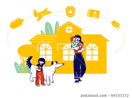 Family Property, Life and Health Insurance Concept. Young Mother with Little Baby on Hands, Elder Child and Dog 64335372