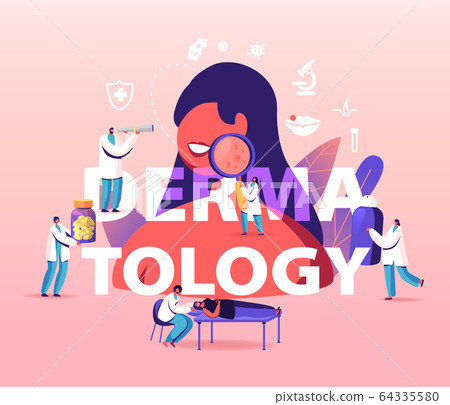 Dermatology Concept. Tiny Doctors Characters around of Huge Woman with Skin Problems. People Visit Clinic for Treatment 64335580