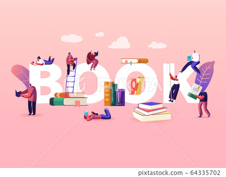 Reading and Education Concept. Tiny Male Female Character with Huge Books. People Read and Study 64335702
