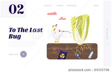 Ecology Danger Landing Page Template. Male Character in Protective Suit and Mask Spraying Fertilizer Pesticide 64335706