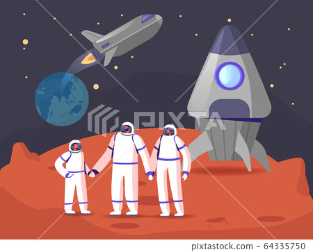 Mars or Alien Planet Colonization Concept. Astronauts Family Characters on Red Planet Surface Mars or Alien Planet Colonization Concept. Astronauts Family Characters on Red Planet Surface 64335750