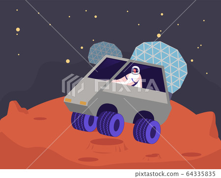 Female Astronaut Character Ride Rover on Mars Surface. Outer Space and Alien Planets Exploration, Galaxy Research Female Astronaut Character Ride Rover on Mars Surface. Outer Space and Alien Planets Exploration, Galaxy Research 64335835
