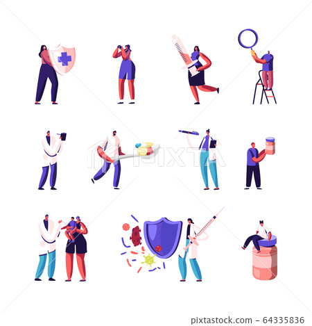 Characters with Medicine. Doctor with Shield and Syringe, Nurse Making Vaccine Dose to Kids Protecting from Viruses Characters with Medicine. Doctor with Shield and Syringe, Nurse Making Vaccine Dose to Kids Protecting from Viruses 64335836
