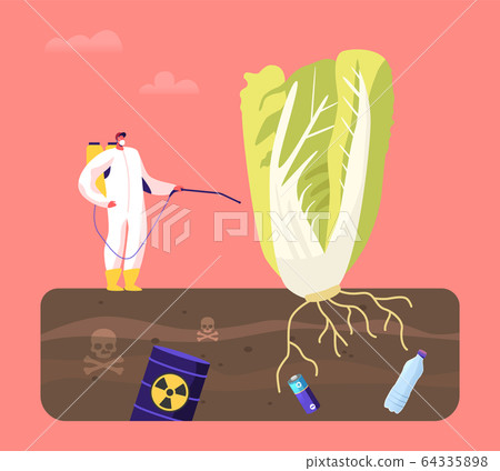 Male Character in Protective Suit and Mask Spraying Fertilizer Pesticide Insecticide on Huge Green Plant 64335898