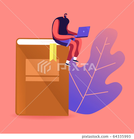 Young Male Character Studying Sitting on Huge Book Using Laptop for Reading or Writing Grammar Test Young Male Character Studying Sitting on Huge Book Using Laptop for Reading or Writing Grammar Test 64335993