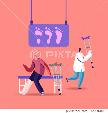 Invalid Handicapped Man Character with Leg Fracture Stand on Crutches Visit Orthopedy or Podiatry Clinic 64336009