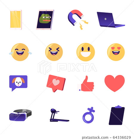 Set of Social Media Icons Emoji Smiles Expressing Good Emotion, Treadmill, Laptop. Thumb Up, Red Heart and Speech Bubble Set of Social Media Icons Emoji Smiles Expressing Good Emotion, Treadmill, Laptop. Thumb Up, Red Heart and Speech Bubble 64336029