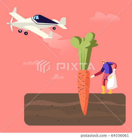 Farmer Character Pour Out Poisonous Fertilizer into Soil with Huge Carrot Growing in Toxic Land 64336061