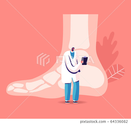 Orthopedy and Podiatry Medical Healthcare Concept. Doctor Podiatrist Character with Clip Board Stand at Huge Foot Orthopedy and Podiatry Medical Healthcare Concept. Doctor Podiatrist Character with Clip Board Stand at Huge Foot 64336082