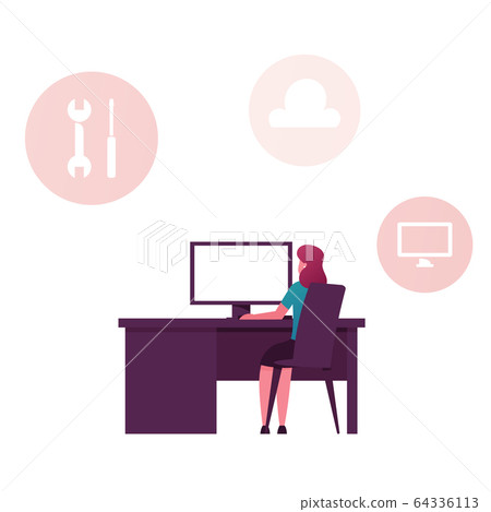 Saas, Software as a Service Internet Technology Concept. Businesswoman Character Sitting at Office Desk Working Saas, Software as a Service Internet Technology Concept. Businesswoman Character Sitting at Office Desk Working 64336113