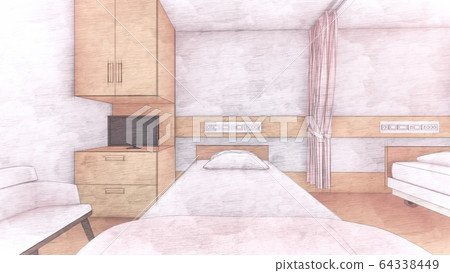 Illustration 8 with the curtain open in the hospital room 64338449